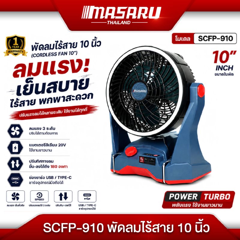 พัดลมไร้สาย Masaru SCFP-910 แบตเตอรี่ 20V